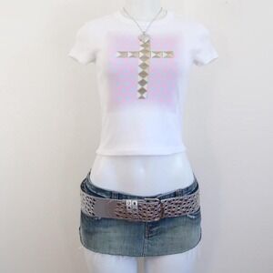 y2k studded cross baby tee white polka dot graphic top